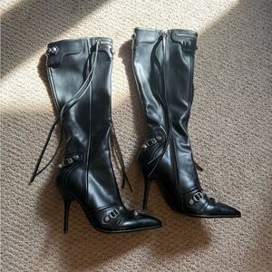 DSW Black Heeled Boots with Stiletto Heel and Lace-Up Detail